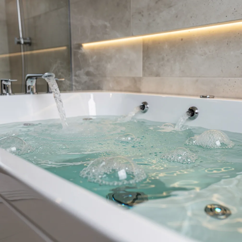 Baignoire de jacuzzi avec buses de massage et bulles à la surface de l'eau