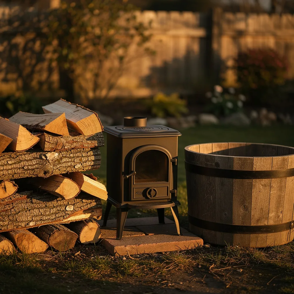 Pile de bûches sèches et petit poêle en fonte à côté d'une cuve en bois, prêts à chauffer un bain nordique