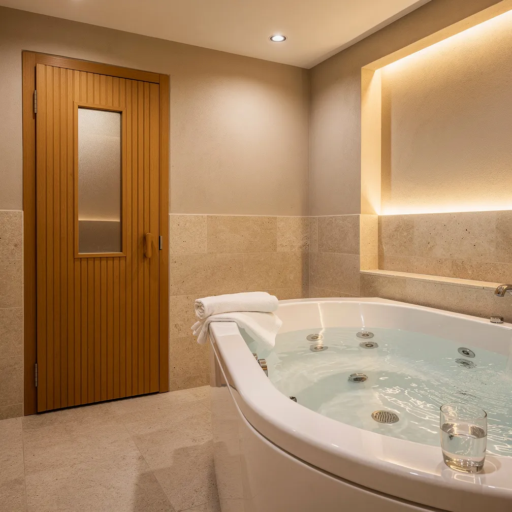 Salle de bain d'hébergement avec grande baignoire balnéo et porte de sauna en bois