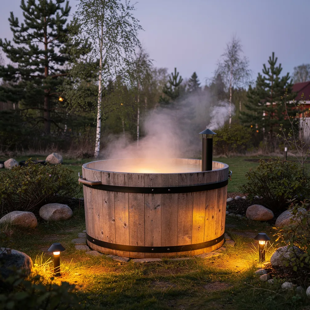 Bain nordique en bois chauffé au feu, l'eau fumante dans un jardin à la tombée de la nuit